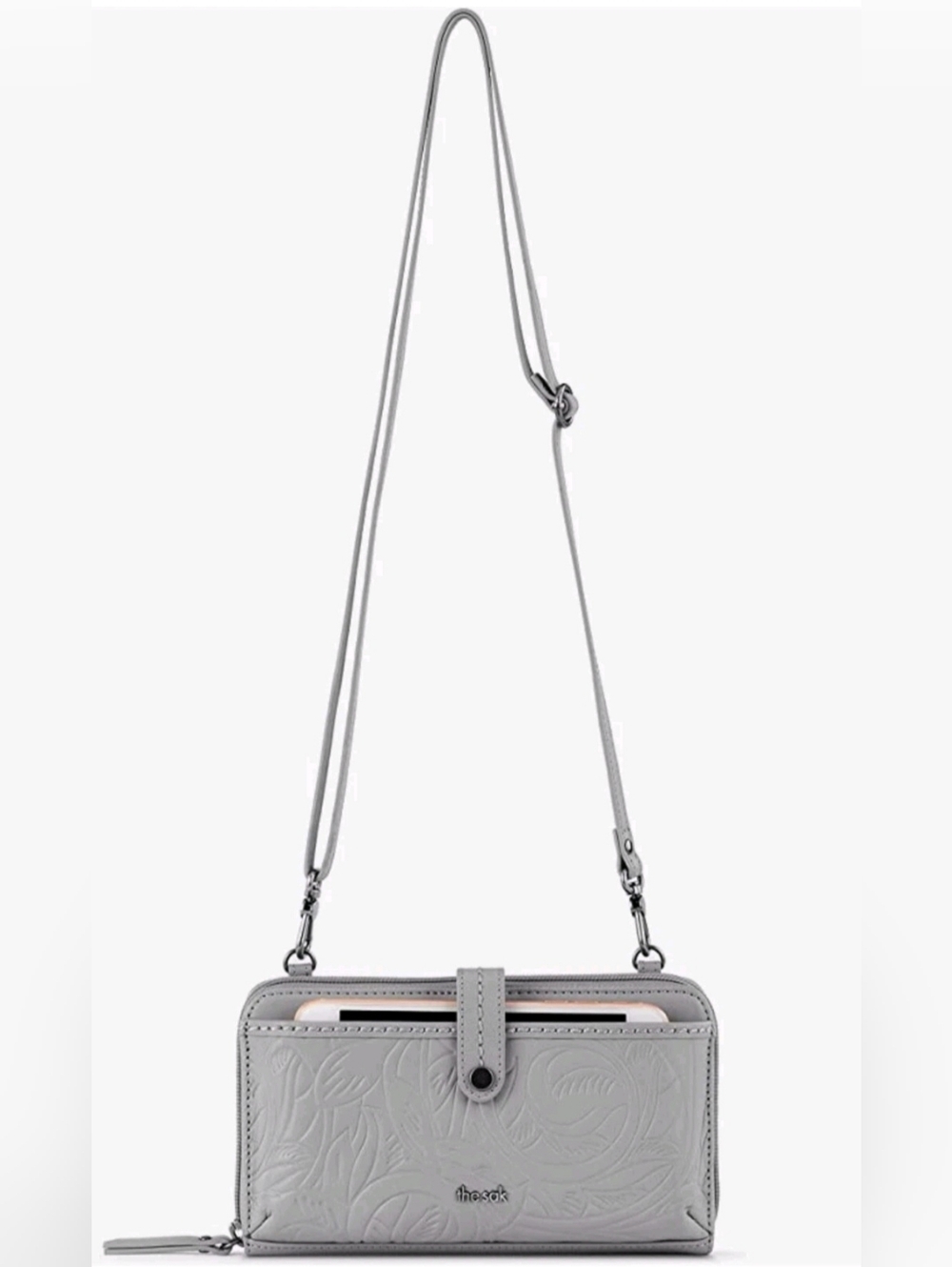 The Sak Iris Leather Large‎ Smartphone Crossbody Bag Gray Embossed New Tags